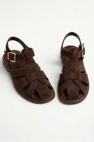 Women Brown Suede Cage Sandals Elegant Strappy Block Heel Shoes